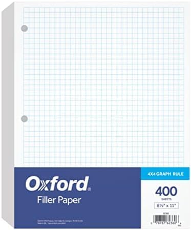 Oxford Filler Paper, 8-1/2" x 11", 4 x 4 Graph Rule, 3-Hole Punched, Loose-Leaf Paper for 3-Ring Binders, 400 Sheets Per Pack (62360),White