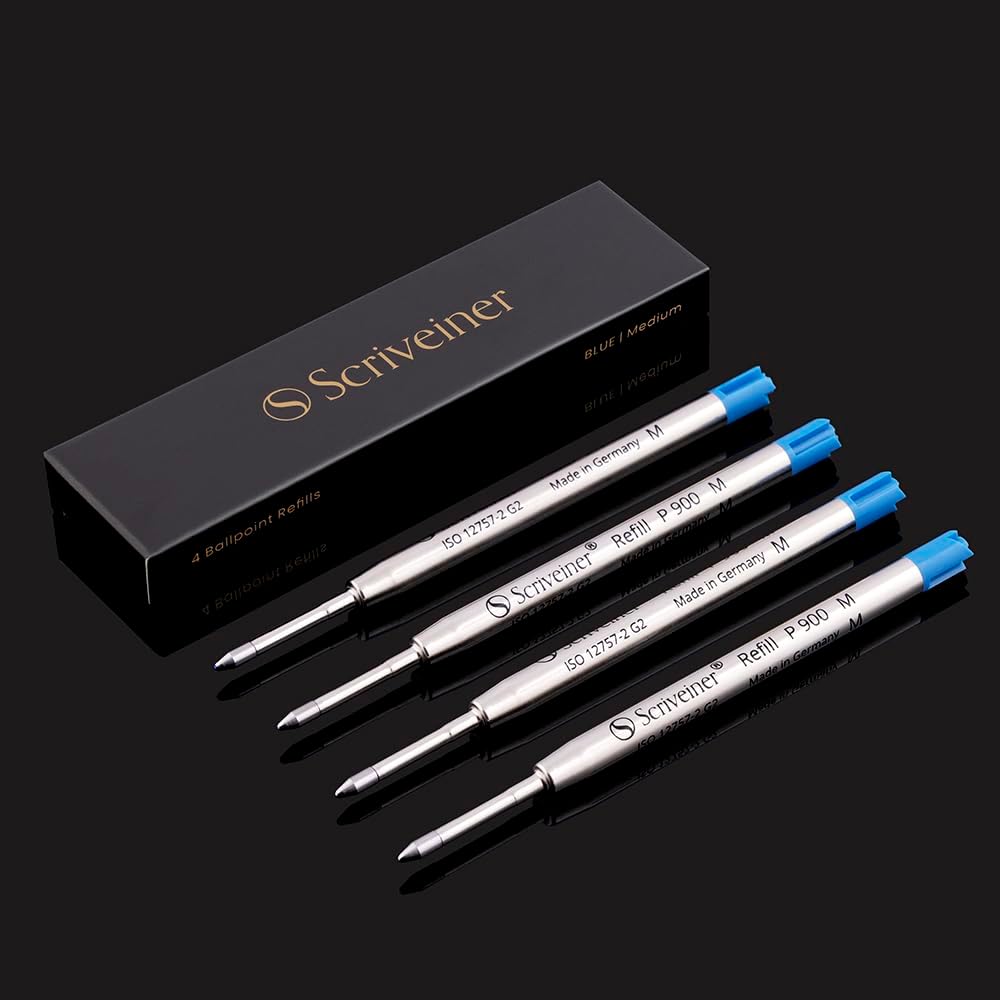 Scriveiner Ballpoint Refill Black Medium - 4 Ballpoint Refills Designed Pens - Stainless Steel Tip with Tungsten-Carbide Ball Refill M - Made in Germany