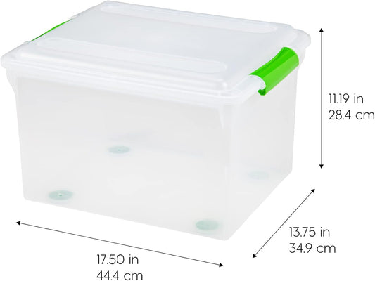IRIS USA File Box, File Organizer w/Hinged Split Lid for Letter File, Important Document Box, Plastic Storage Filing Bin for Moving, Stackable Nestable Portable, Pearl 44 Qt. 4 Pack