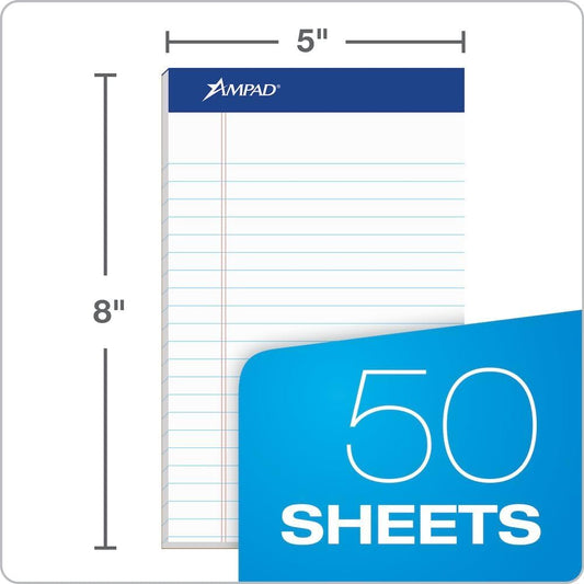 Ampad 5 x 8 Legal Pad, Medium Rule Writing Pads, Red Margin, White, 50 Sheets per Writing Pad, 12 Pack (20-304)