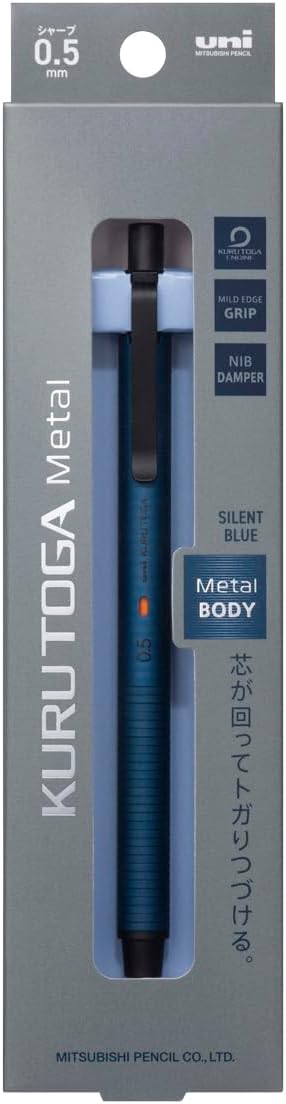 Uni Kuru Toga Metal Mechanical Pencil, Auto Lead Rotation, 0.5mm Fine Point, All-Metal Body, Silent Blue, M5KH1P.10
