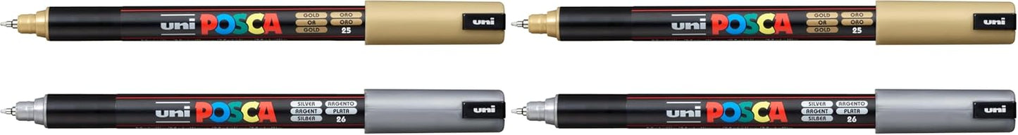 Authentic Posca Marker Set, 2 Silver & Gold Professional Grade Posca Paint Markers with 1MR Extra Fine Tip