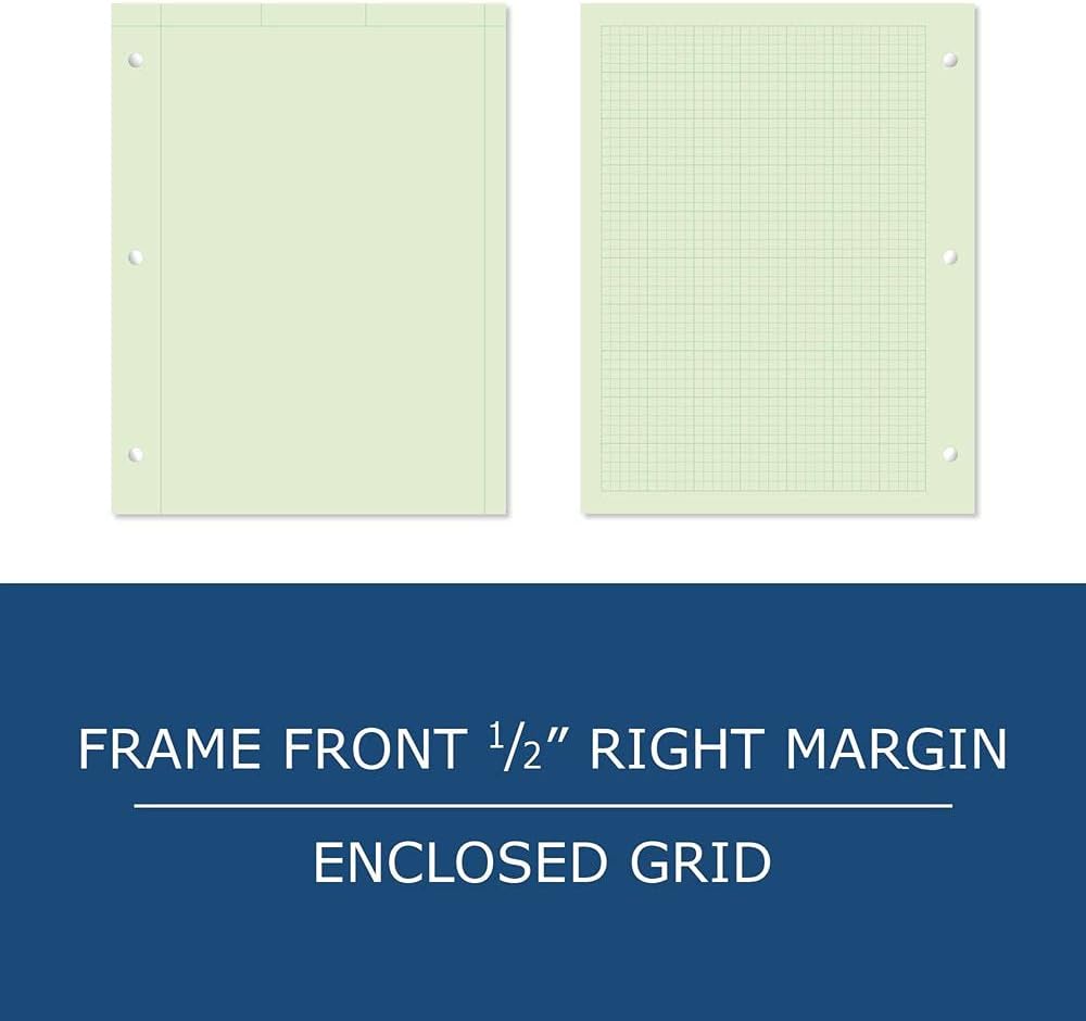 ROARING SPRING Graph Ruled Engineering Pad, Engineering Graph Paper Pad, 5x5 Enclosed Grid, 8.5" x 11", 200 Sheets, 3 Hole Punched, Green Tinted Sheets, Made in USA