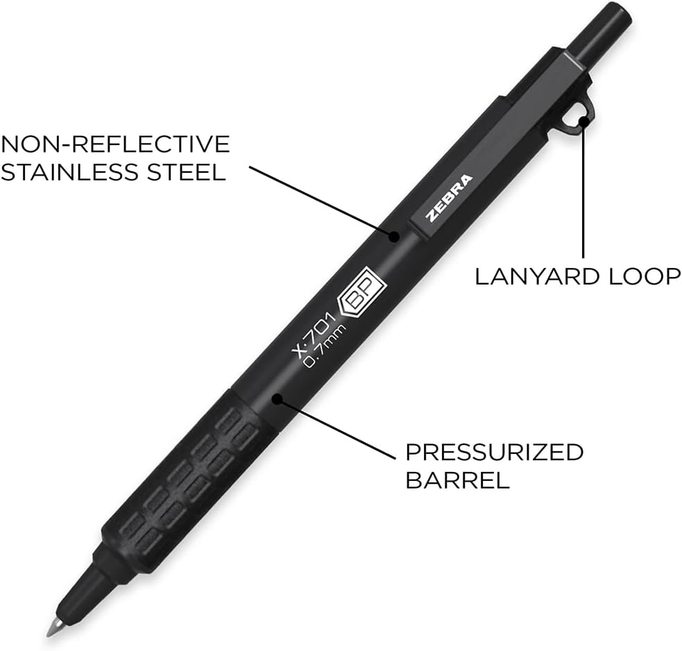 Zebra Pen, X-701 Tactical Ballpoint Pen, Writes in Extreme Conditions, Matte Black Stainless Steel, Refillable, Lanyard Loop, 0.7mm Black Ink, 1-Pack Plus 2 Bonus Refills, (29811)