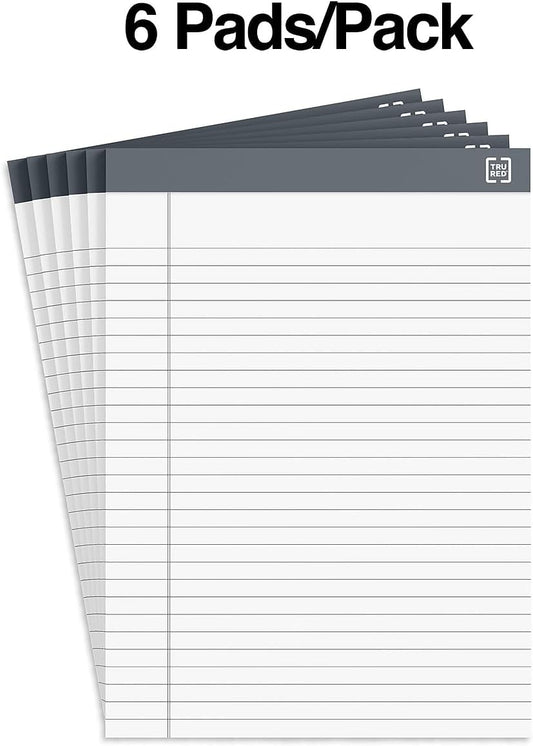 TRU RED Notepads, 8.5” x 11.75”, Wide Ruled, White, 50 Sheets/Pad, 6‑Pack