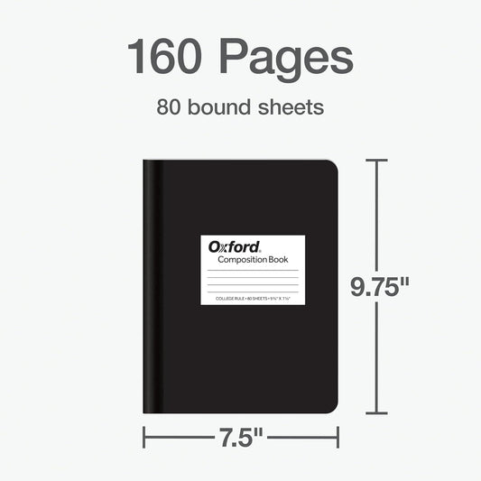 Oxford Composition Notebook 12 Pack, School Supplies, Notebooks for School, Writing Journals, College Ruled Paper, Note Taking Book, 7.5 x 9.75 Inches, 80 Sheets, Black Covers (63945)