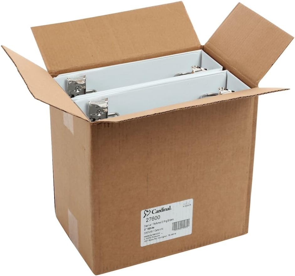Cardinal Performer 3-Ring Binders, 3", Non-Locking Slant-D Rings, 725-Sheet Capacity, ClearVue Presentation, Non-Stick, PVC-Free, White, 4-Pack (27600)