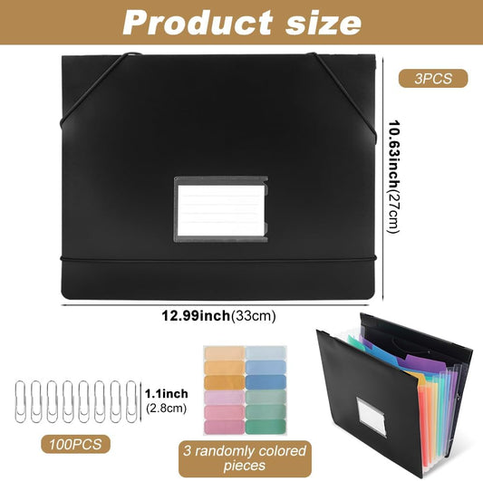 7-Pocket Hanging File Folders, 3 Pack Expandable File Organizer with 18 Sticky Notes & 100 Paper Clips, Letter Size Accordian Pockets for Filing Cabinet Home, Office, School(Color:Black)
