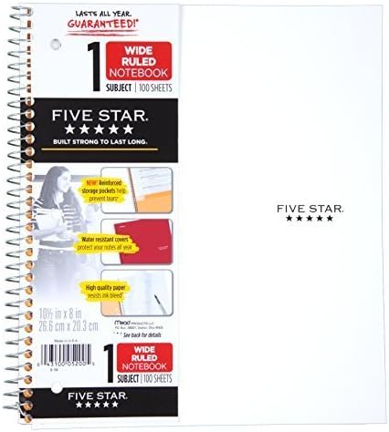 Five Star Spiral Notebook + Study App, 1 Subject, Wide Ruled Paper, 8" x 10-1/2", 100 Sheets, Fights Ink Bleed, Water Resistant Cover, Tidewater Blue (72875)