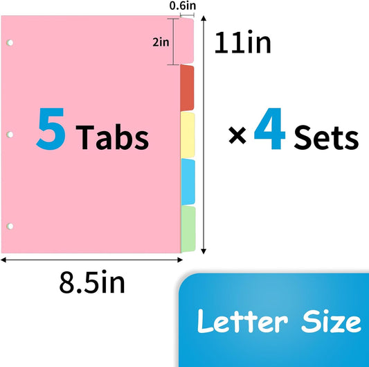 Binder Dividers for 3 Ring Binder, 1/5 Cut Tabs, Letter Size, Blank Write On Page Dividers with 5 Big Tabs for School Office Home, 4 Sets, 20 Dividers, White