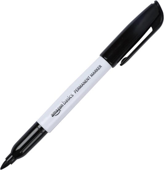 Amazon Basics Fine Tip Permanent Markers for Writing, Drawing, Quick Drying, Office, School, and Home Use, Black, 24 Pack
