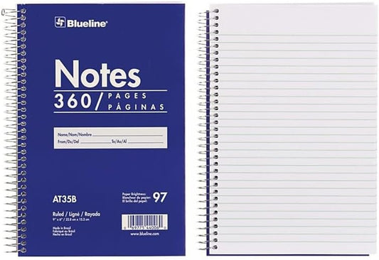 Blueline Steno Pad/Note Pad, Spiral Binding with Flexible Blue Cover, 9 x 6 x 0.813 Inches, 360 Pages (AT35B)