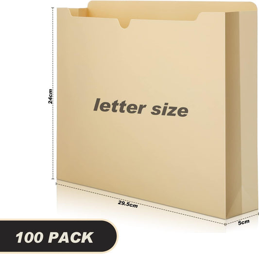 Zhehao 100 Pcs File Jackets Reinforced Straight Cut Tab Pocket Folders 2 Inch Expandable File Folder Expanding Paper Organizer with Tabs Expansion Pocket, Letter Size(Beige Color,Classic Style)