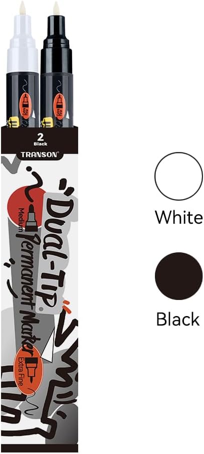 TRANSON Black and White Bold Tip and Extra Fine Tip Paint Markers Waterproof Oil Paint pen