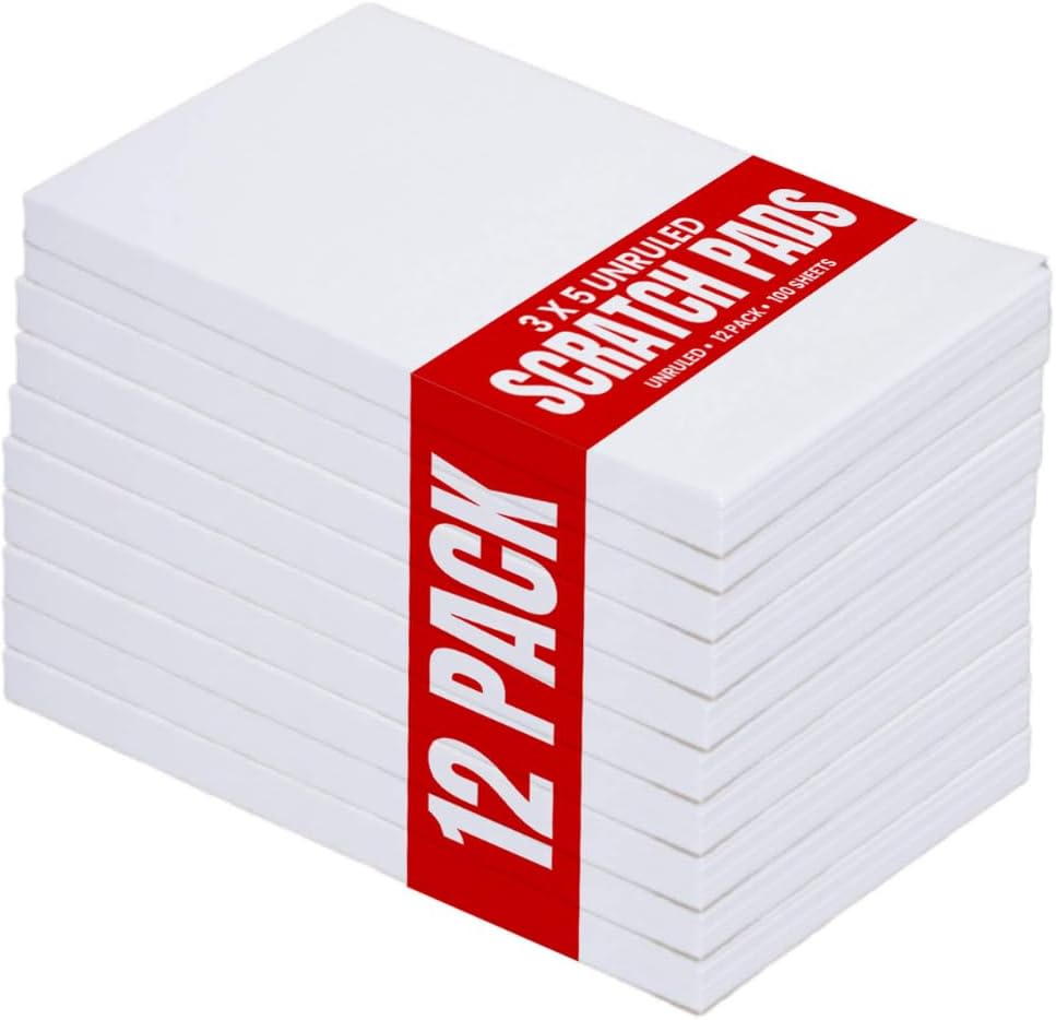 1InTheOffice Memo Pads, Memo Note Pads, Unruled Glued Top White Scratch Pads, 3x5, 100 Sheets, 12/Pack
