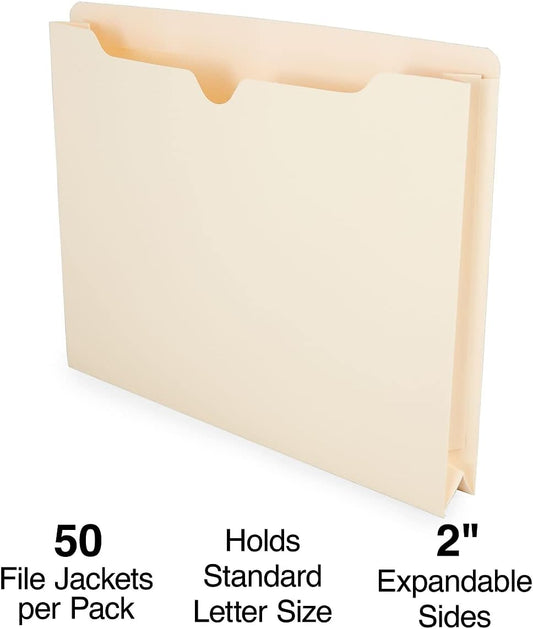 Staples Jacket File Folders, Letter Size, Manila, 2‑Inch Expandable Sides, Heavy‑Duty Construction – 50/Pack