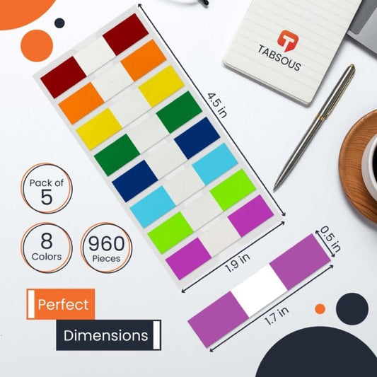 Tabsous 960 Sticky Tabs - Repositionable, Writable Index Tabs & Page Flags for Books, Files, and Notes - Transparent Colored Markers for Organizing, Highlighting, Classifying Documents (08 Colors)