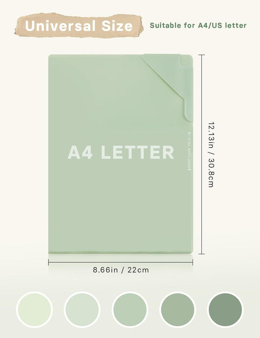 Plastic Folders Sleeves, Gradient Colors Plastic Project Pockets for Paper 11.9 × 8.5 Inches, Transparent Document Folders for School and Office Supplies (5 Pcs, Green)