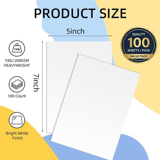 White Cardstock 5x7, 100 Pack Heavyweight 74lb / 200GSM Cardstock Paper, Blank Card Stock for Printer, Invitations, Greeting Cards, Postcards, Wedding Invitations, DIY Crafts