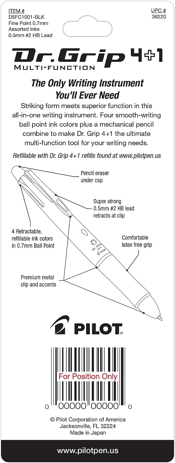PILOT Dr. Grip 4+1 Multi-Function Ballpoint Ink Refills, Fine Point, Black/Red/Blue/Green Inks, Assorted Colors,4 Count (Pack of 1) (77154)