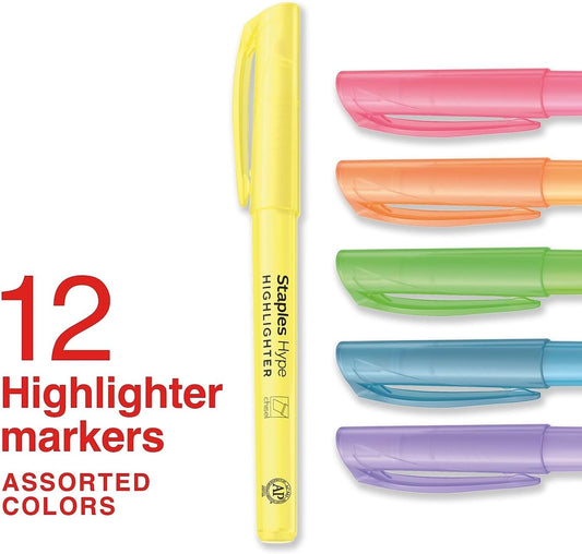STAPLES Stick Highlighters, Chisel Tip, Assorted Colors, 12 Pack – Hype Smooth‑Glide Highlighting Markers for School & Office