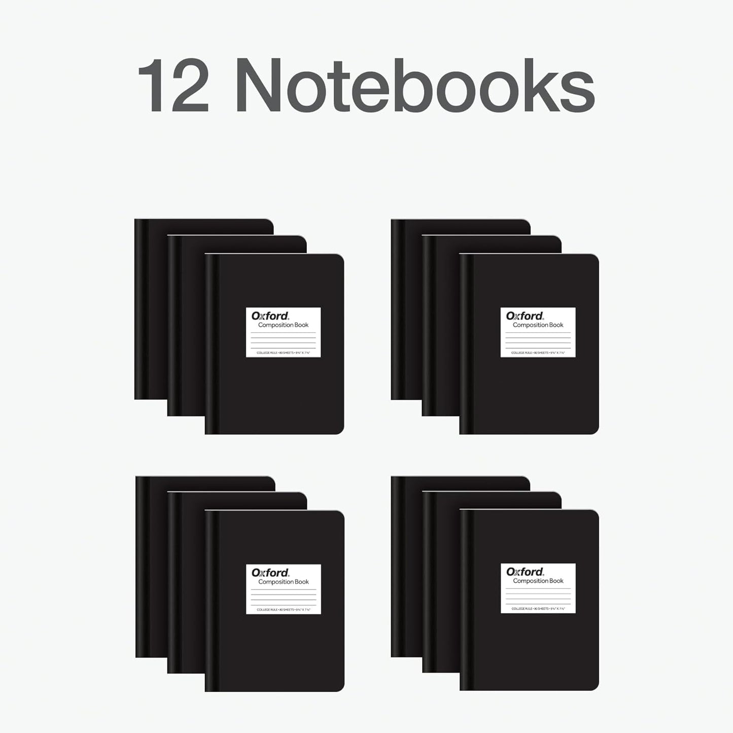 Oxford Composition Notebook 12 Pack, School Supplies, Notebooks for School, Writing Journals, College Ruled Paper, Note Taking Book, 7.5 x 9.75 Inches, 80 Sheets, Black Covers (63945)