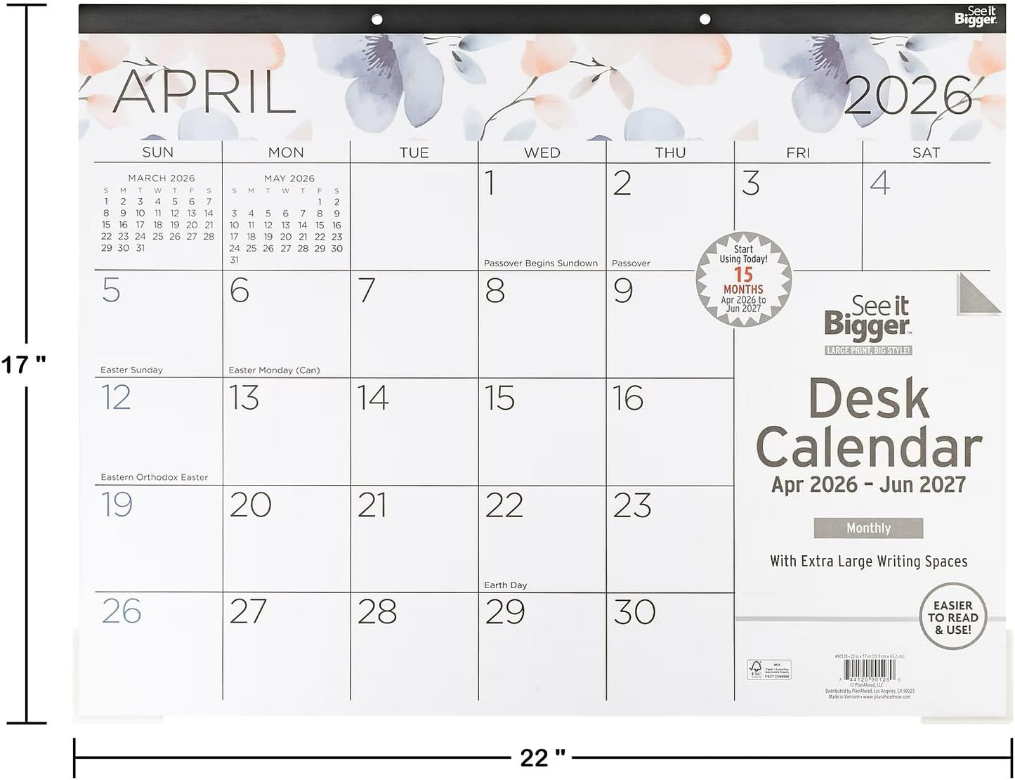 2026-2027 PlanAhead See It Bigger 22" x 17" Academic Monthly Desk Pad Calendar, Floral