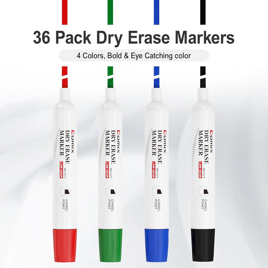 Comix Dry Erase Markers, Chisel Tip Whiteboard Markers, 36 Count 12 Assorted Colors Low Odor Markers for Classroom, Teachers, Office, School Supplies