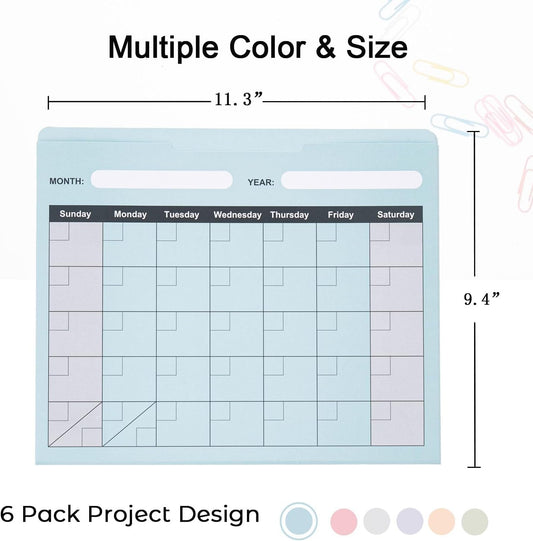 6 Pack Colored File Jackets Letter Size No Expansion Pocket Folder for Office Home School with Reinforced Straight-Cut Tab, Project Design