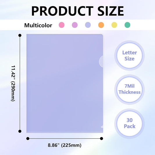 HOUYEE 30 Pack Clear Document Folders, L-Type Plastic File Folder Sleeves, Project Folders Paper Sheet Protectors for 8.5" x 11" Letter Size, for Home, Office, and School Use (6 Assorted Colors)