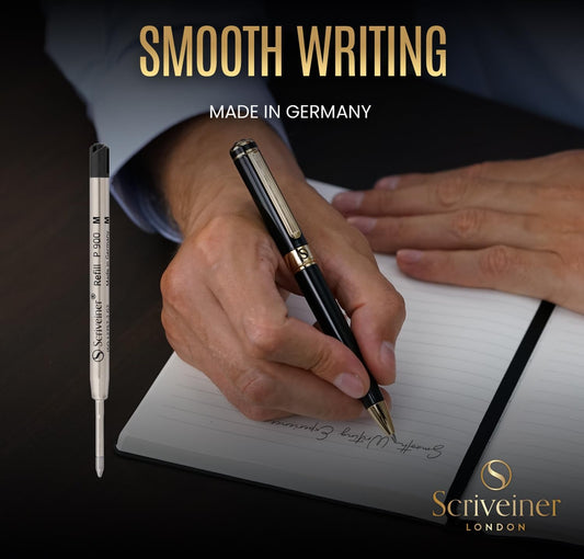 Scriveiner Ballpoint Refill Black Medium - 4 Ballpoint Refills Designed Pens - Stainless Steel Tip with Tungsten-Carbide Ball Refill M - Made in Germany