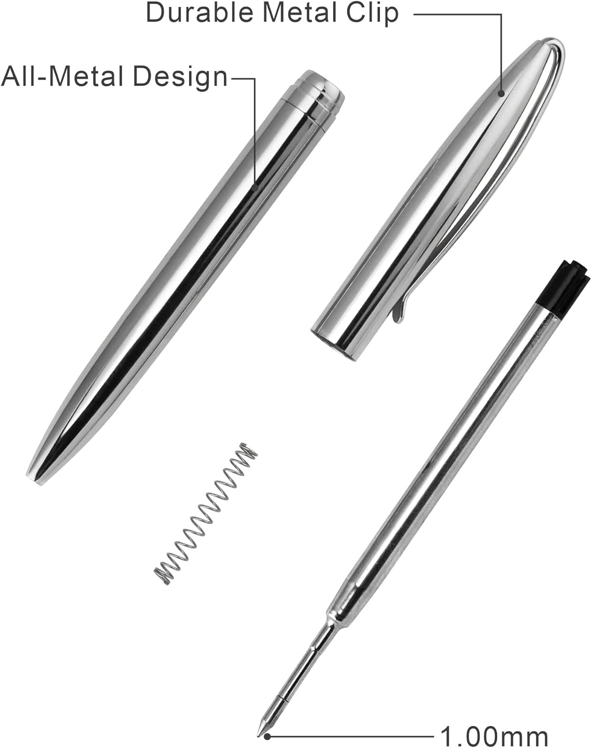 Cambond Slim Ballpoint Pens Bulk - Black Ink 1.0mm Medium Point Retractable Metal Pen for Police Uniform, Flight Attendant & Office, 10 Pack (Black Barrel)