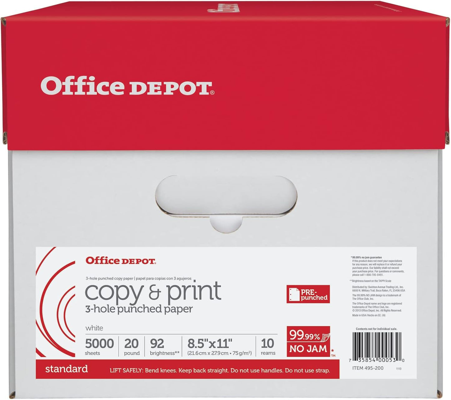 Office Depot® 3-Hole Punched Multi-Use Printer & Copy Paper, 10 Reams, White, Letter (8.5" x 11"), 5000 Sheets Per Case,