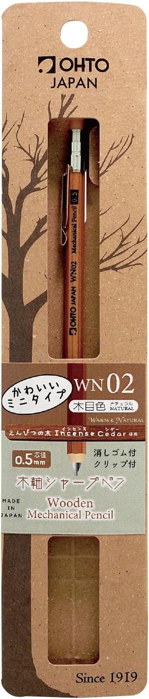 OHTO WN02 Wooden Mechanical Pencil, 0.5mm Fine Point, Mini-Sized Barrel with Clip, Natural Body, Made from Incense Cedar, WN02-SP5-NT