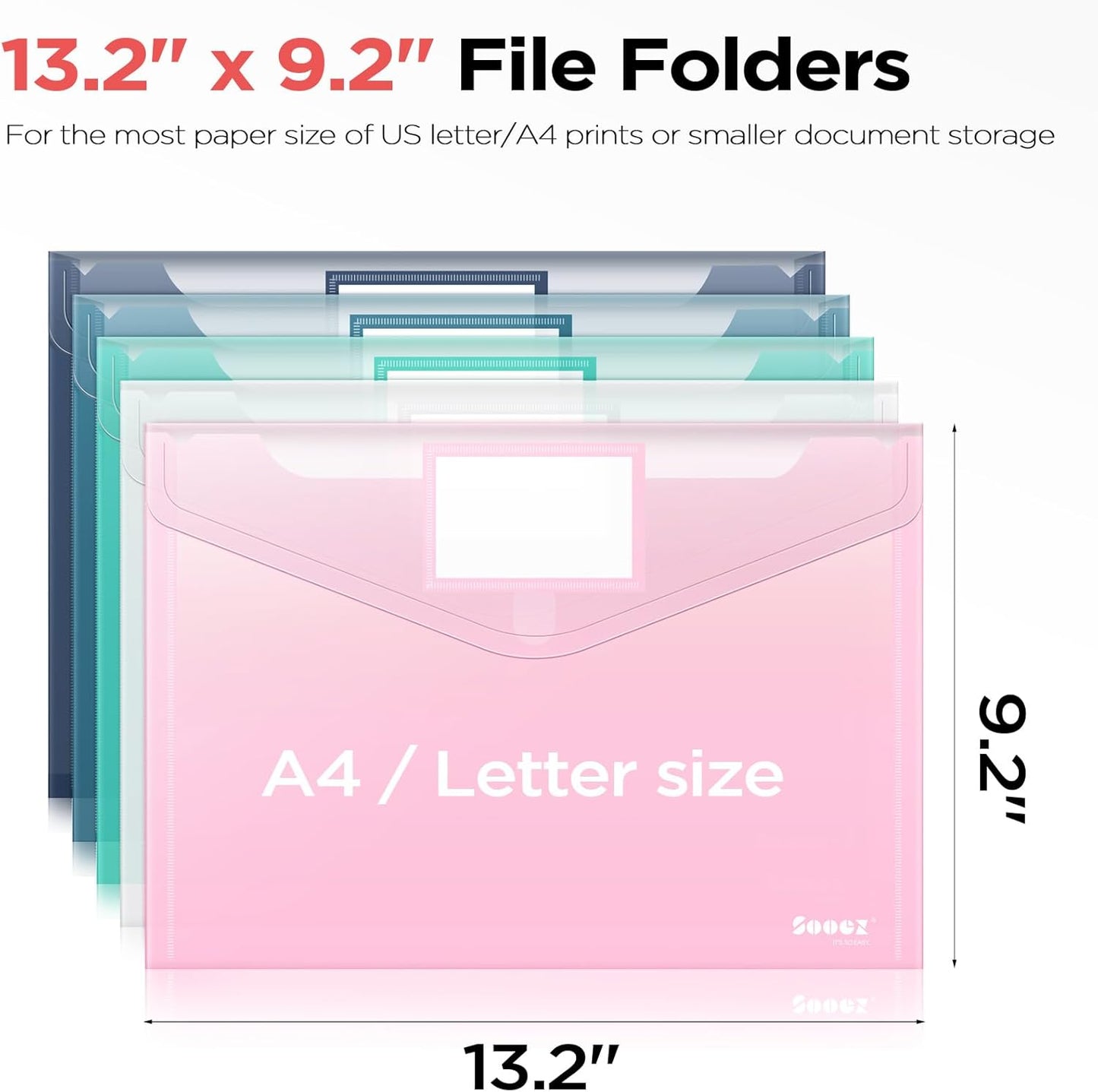 Sooez 10Pack Plastic Envelopes, Plastic File Folders, Clear Folders for Documents Trendy Colors, Super Heavyweight Document Holders, Storage Pouches, File Envelopes for School Office Supplies