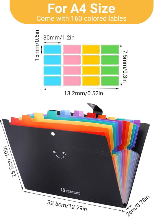 2PCS Expanding File Folder with 13 Pockets, Accordion A4 File Organizer with 160PCS Labels, Plastic Portable Receipt Paper Bill Document Organizer for School Office Supplies (Black)