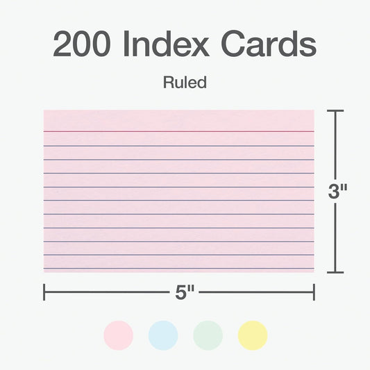 Oxford Ruled Index Cards, Lined Note Cards, Flashcards for School, 4 Assorted Pastel Colors: Pink, Blue, Green and Yellow, 3 Inch x 5 Inch, 200 Cards Per Pack (1017490)