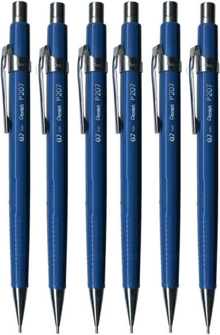 Pentel 0.7mm (P207) Blue P200 Series Automatic Mechanical Draughting Pencil Refillable Lead Eraser P207-C (Pack Of 6)