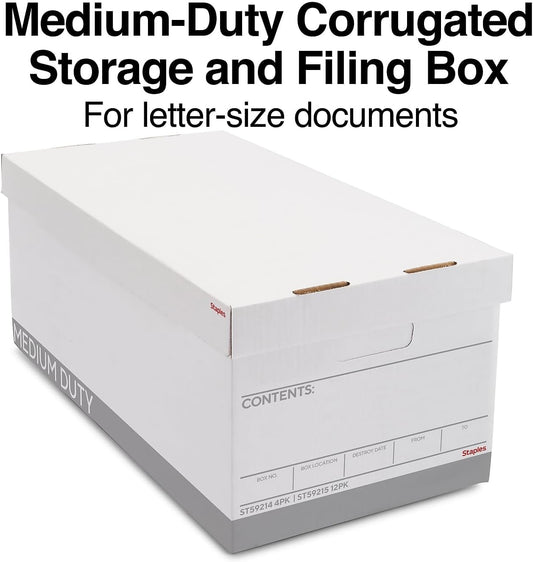 STAPLES Storage & Filing Box, Medium-Duty with Handles & Removeable Lid, Letter Size Documents, Stackable, 12-Pack, White/Gray