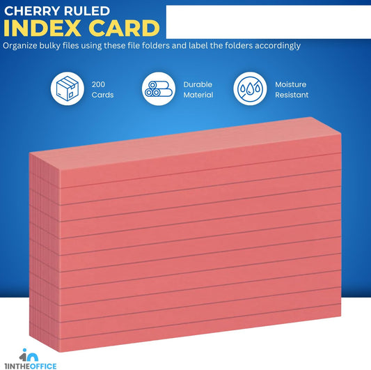 1InTheOffice Ruled Red Index Cards 3x5, Cherry Red, 200/Cards