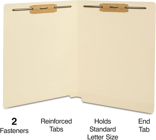 Staples Reinforced End‑Tab Classification Folders, Letter Size, Manila, Durable 2‑Fastener Design – 100/Carton