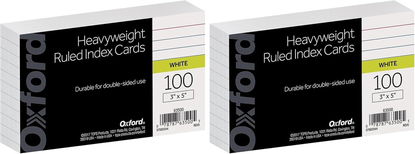 Oxford Heavyweight Ruled Index Cards, 3" x 5", White, 100 Per Pack (63500)