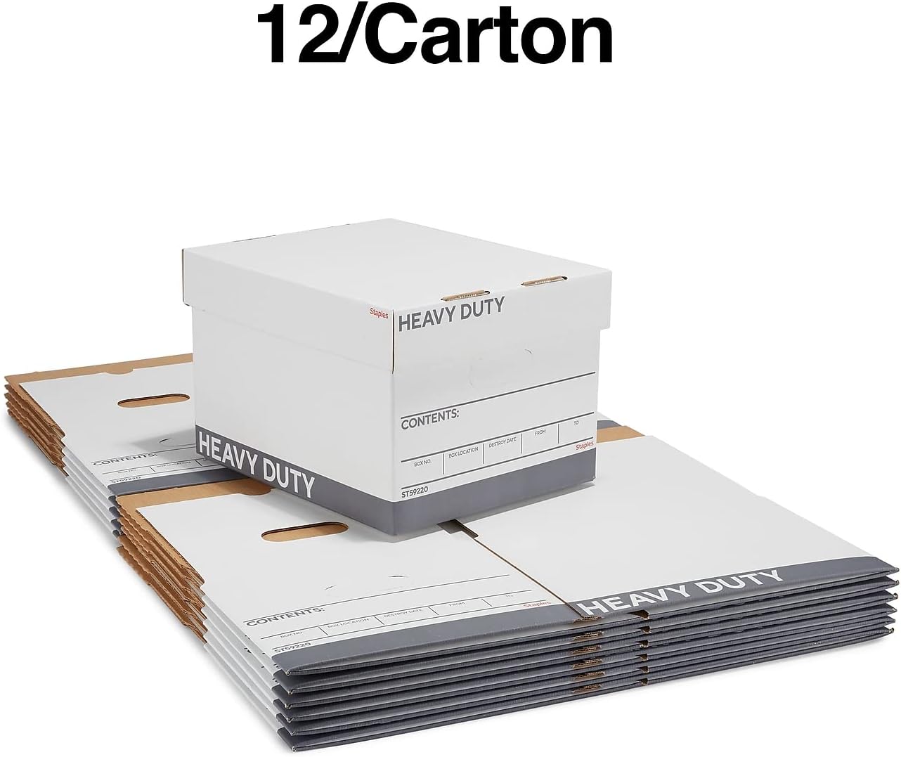 STAPLES Storage & Filing Box, Medium-Duty with Handles & Removeable Lid, Letter Size Documents, Stackable, 12-Pack, White/Gray