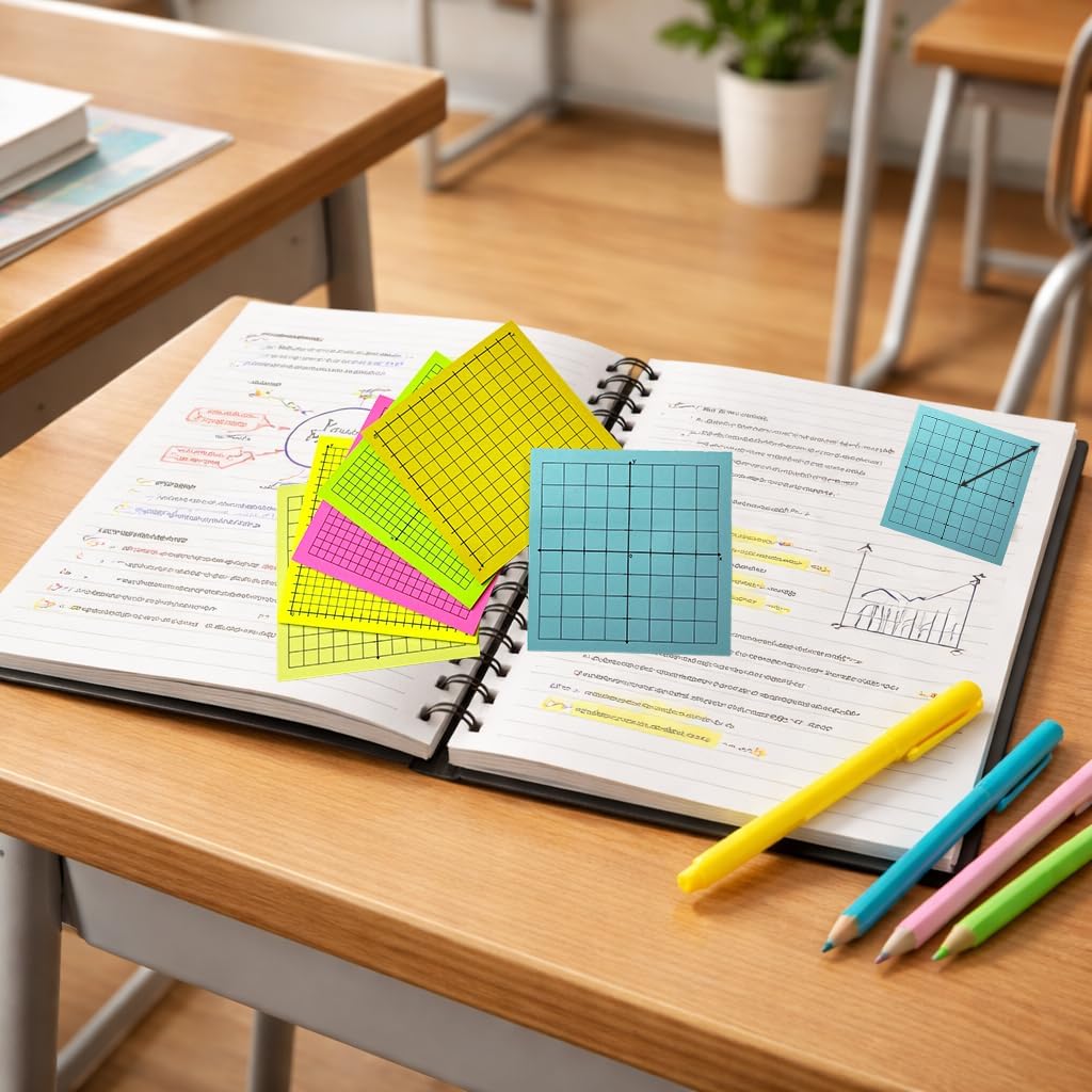 Graph Paper Sticky Notes - Pad with Math Quadrants and Grid Lines, Homeschooling Tools, Peels Off Cleanly, 6 Pads for Students, 3x3 Inch, Bright Color