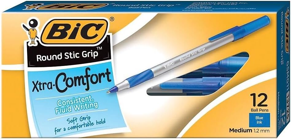 BIC Round Stic Grip Xtra Comfort Blue Ballpoint Pens, Medium Point (1.2mm), 12-Count Pack, Excellent Writing Pens With Soft Grip for Superb Comfort and Control