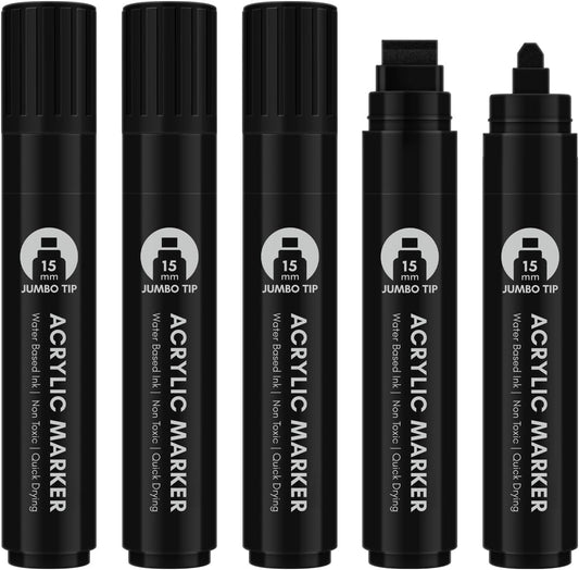 BIGTHUMB Black Poster Markers Jumbo: 5 Pcs 15mm Wide Tip Thick Acrylic Paint Pen Large Permanent Calligraphy Markers for Rock Painting, Stone, Poster, Canvas, Glass, Wood, Ceramic