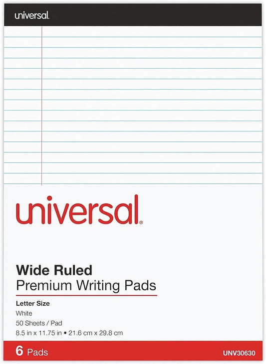 Universal 30630 Premium Ruled Writing Pads, White, 8 1/2 x 11, Legal/Wide, 50 Sheets (Pack of 6 Pads)