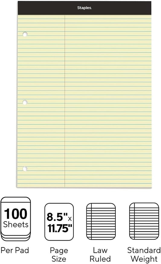 STAPLES 3‑Hole Double Pad, 8.5” x 11.75”, Law Ruled, Canary, 3” Margin