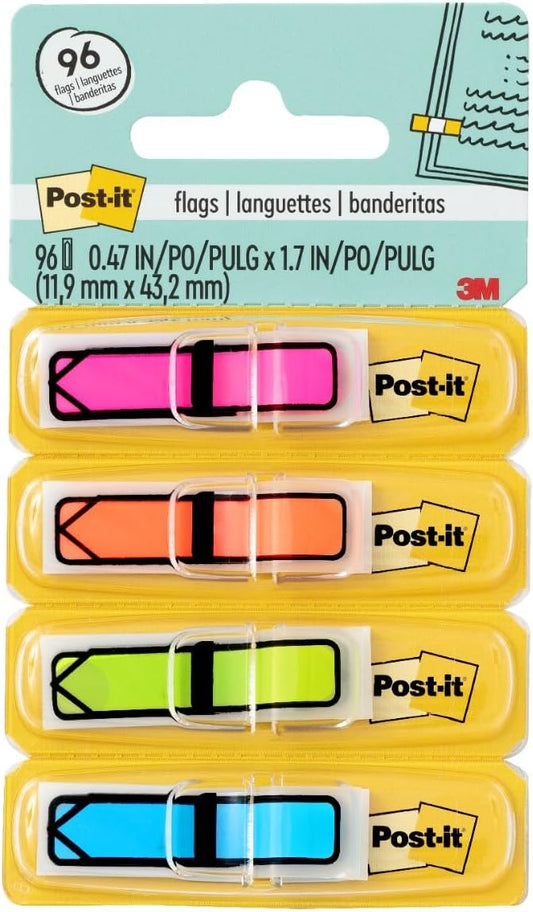 Post-it Arrow Flags, 0.47 in. x 1.7 in., Four Dispensers with 24 -Count Assorted Bright Colors Sticky Tabs Per Dispenser, Removable Page Markers for Planners, Journals, and Calendars (96 Flags Total)