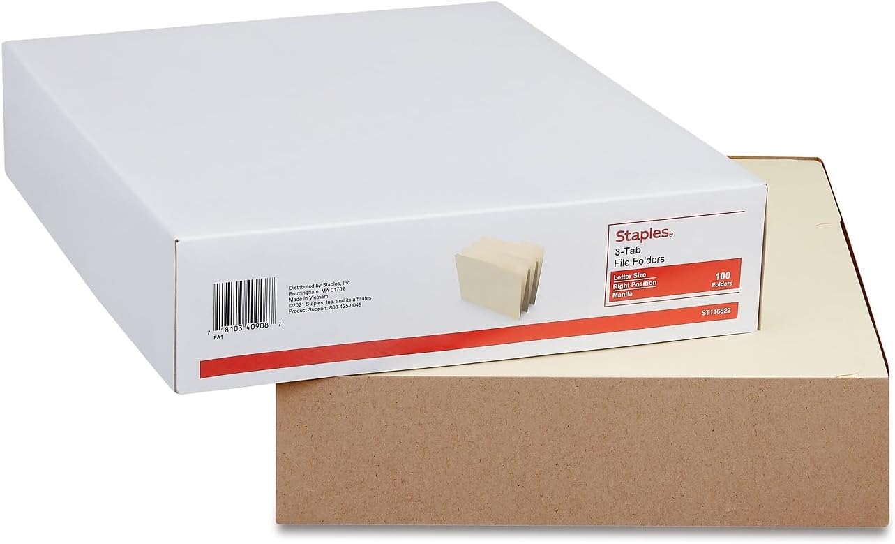Staples File Folders, Letter Size, 1/3‑Cut Right‑Position Tabs, Manila, Durable Paper Stock, 100/Pack